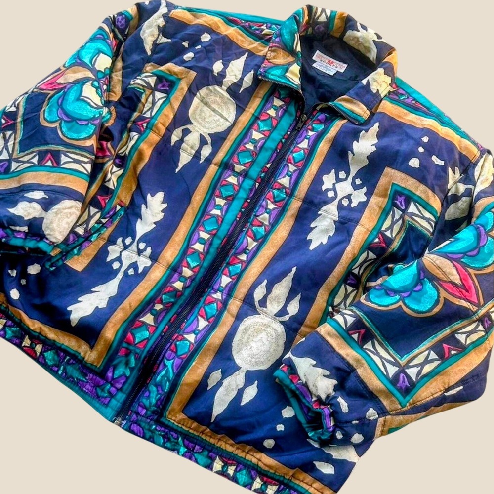 Vintage 100% Silk Bomber Jacket Stunt Sports Navy Blue Floral Print Puffer 2X